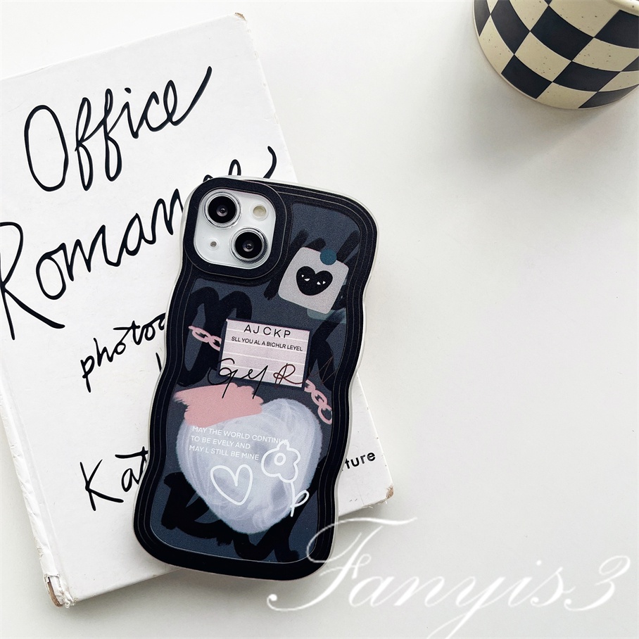 Redmi 12C A1 10C 10A 10 9 9A 9C 9T Note 11 Pro+ 11s 11 10s 10 9s 9 8 Pro Poco X4Pro X3 Pro X3NFC M4 Mi 11 Lite 10TPro Love Label Gelombang Hitam Frame Phone Case TPU Soft Cover Pelindung