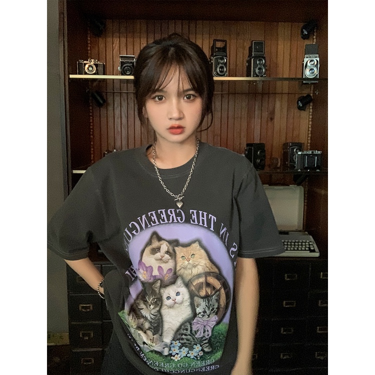 baju kaos wanita lengan pendek cartoon cat graphic print t-shirt vintage kekinian oversize hitam kaos couple