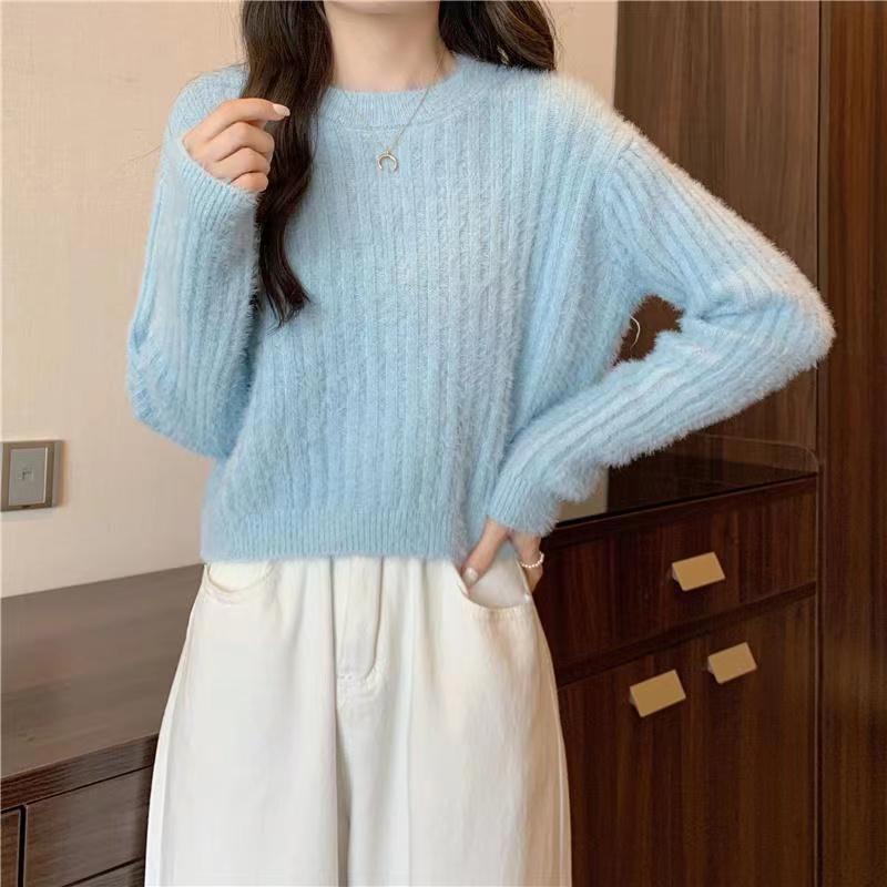 Polos Baju Rajut Crop Lengan Panjang Sweater Knit Crewneck Top