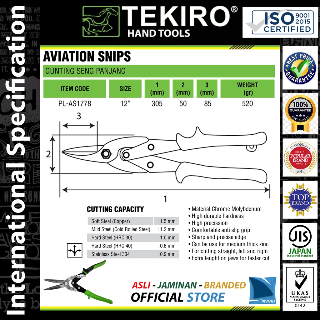 Gunting Seng Holo Baja Ringan 12&quot; inch / Aviation Snips / Tang Potong Hollow TEKIRO