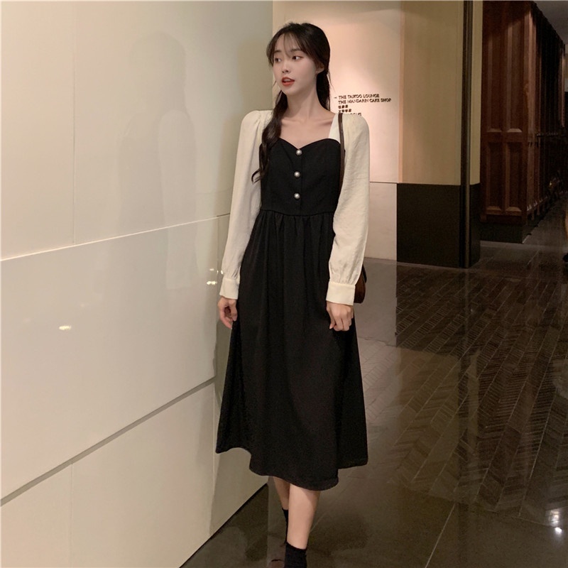 Dress A-line Elegan dengan pinggang elastis gaun Midi Lengan Panjang Kasual Wanita