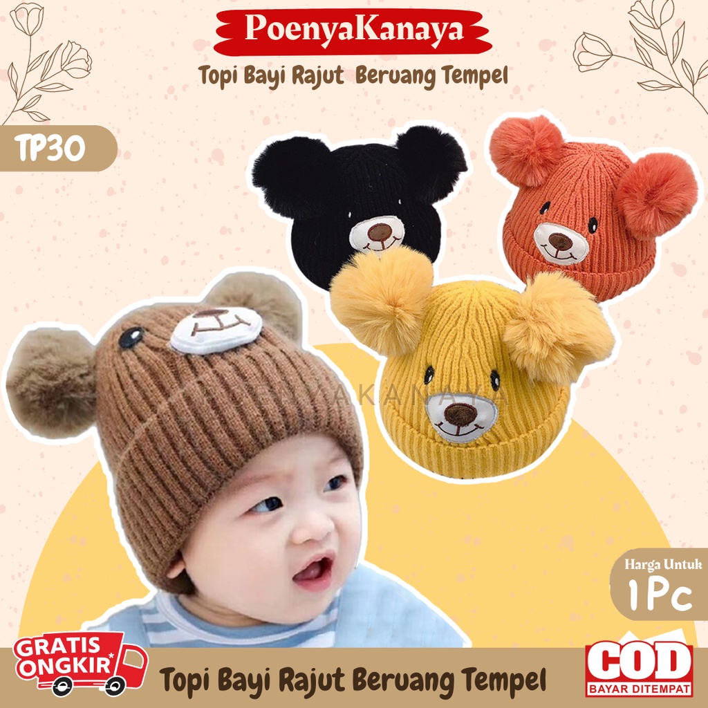 Topi Kupluk Bayi Rajut BERUANG TEMPEL Topi Rajut Pompom TP30