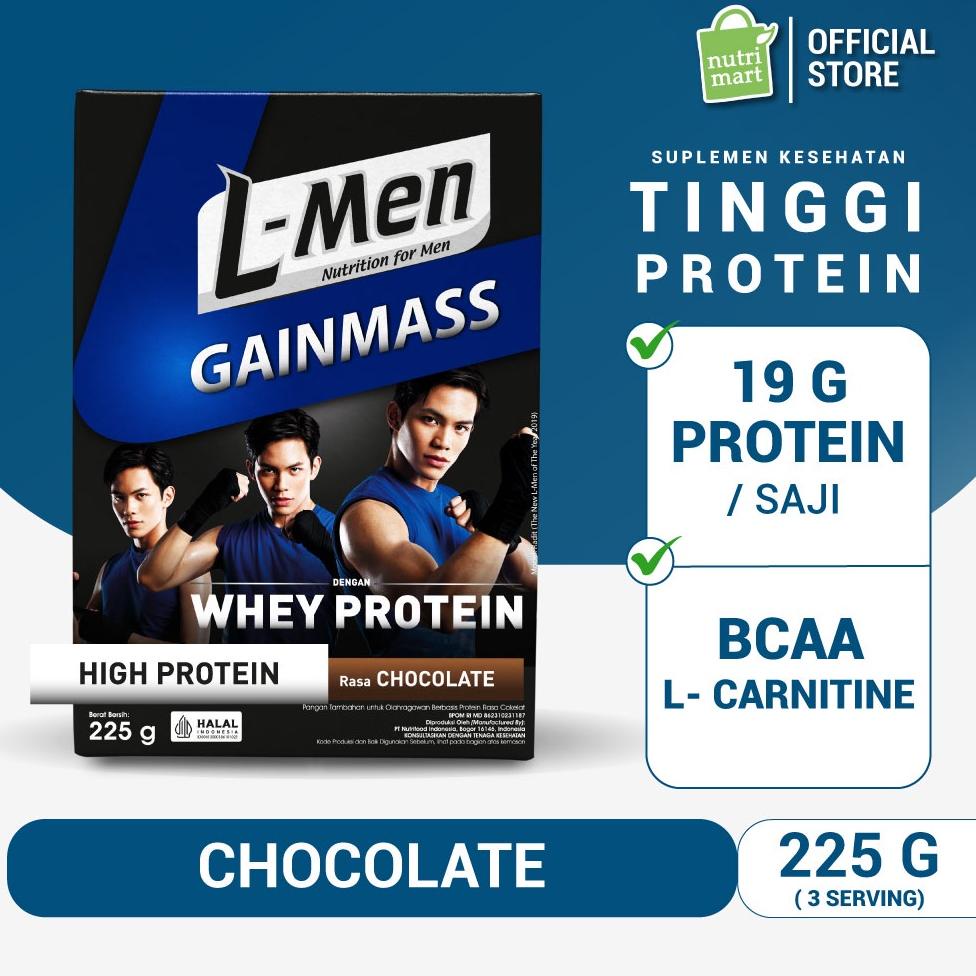 

xzn55 L-Men Gain Mass Chocolate 225 gram - Suplemen Penambah Massa Otot Tinggi Whey Protein Promo Spesial
