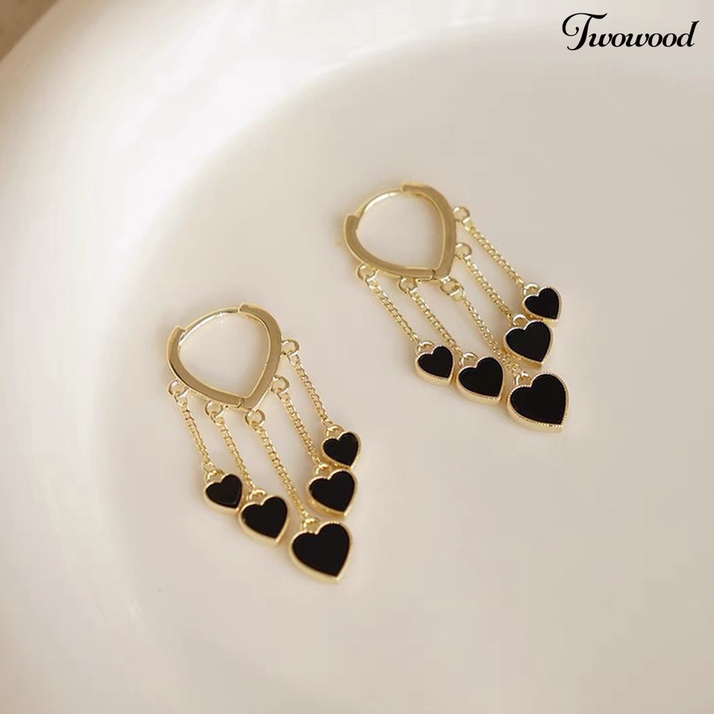 Twowood 1pasang Anting Menjuntai Gaya Korea Elegan Temperamen Paduan Hati Hitam Wanita Drop Earrings Fashion Jewelry