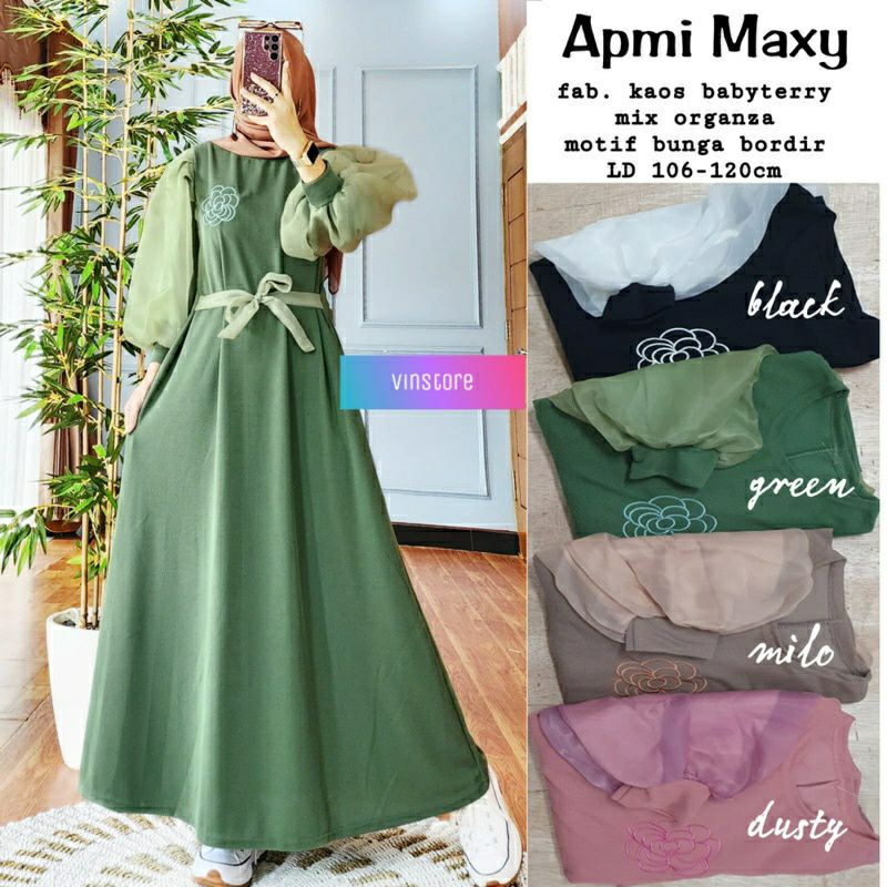 Apmi Maxy, GAMIS LEBARAN  MUSLIM CANTIK MODIS FIT XXL LD 106-116 BAHAN KAOS BABYTERRY MIX ORGANZA MIX BORDIR TERMURAH TERLARIS OOTD