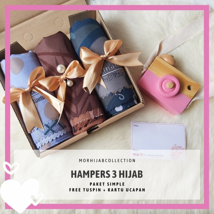 

(COD) Paket Hampers Hijab 3 Jilbab Kado Ulang Tahun Souvenir Wisuda Nikah - 2 polos 1 motif, sliding box