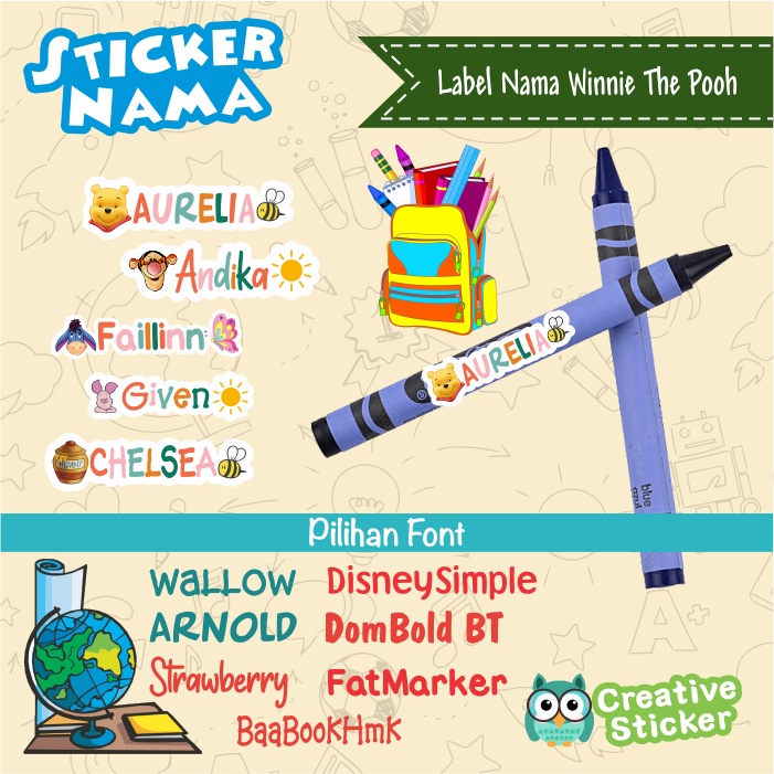 

Winnie The Pooh Sticker Nama Anak Stiker Lucu buku pelajaran peralatan sekolah label nama printing