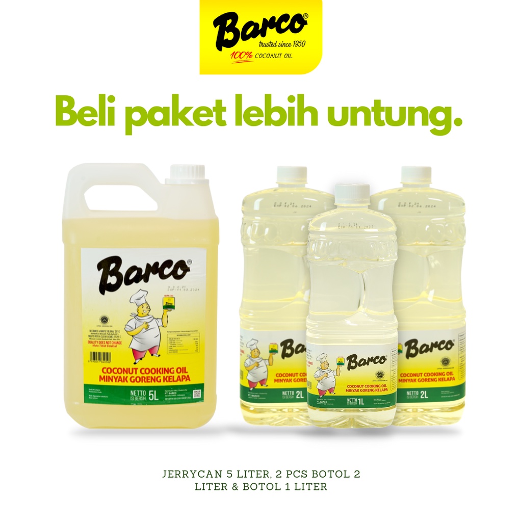 

Promo!! Minyak Goreng Kelapa "Barco" Botol 1 Ltr + 2 Ltr (2 Pcs) & Jerrycan 5 Ltr