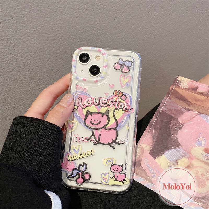 Ins Lucu Kartun Graffiti Cinta Hati Kucing Case Kompatibel Untuk iPhone 14 Pro Max11 13 12 7 8 Plus XR X XS MAX 6 6S Plus Airbag Shockproof Lembut Silicon TPU Penutup Belakang