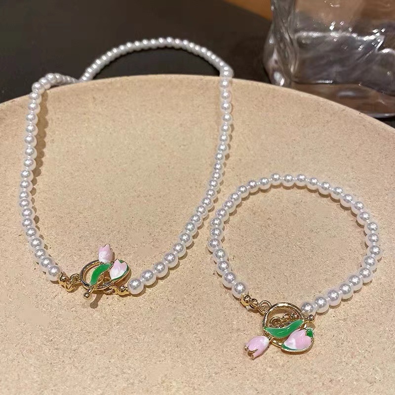 Kepribadian Wanita Pesona Kalung Klavikula Kalung Elegan Choker Kalung Rantai Kalung Perancis tulip Mutiara Liontin Kalung vintage Wanita