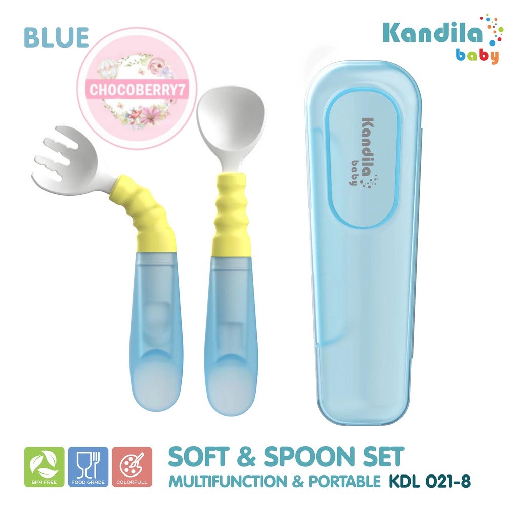 KANDILA KDL021-8-FORK &amp; SPOON SET - Sendok Garpu Lentur Suction Twisting Spoon Lilac Blue Sendok Makan Bayi