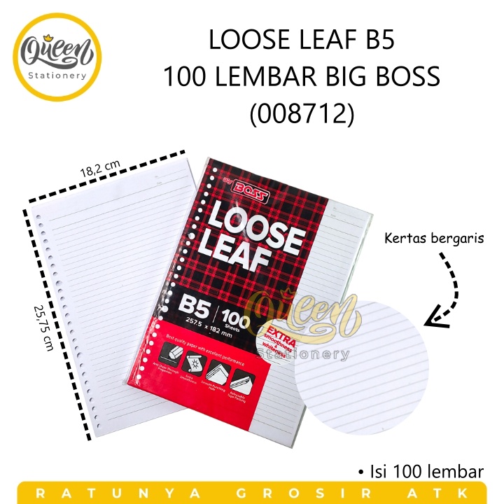 

1 PACK (100 LEMBAR) LOOSE LEAF B5 GARIS 100 BIG BOSS (006903) - KERTAS REFILL ISI MAP BINDER BERGARIS