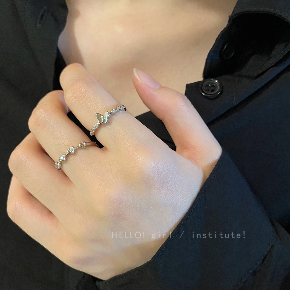 2pcs/set Cincin Kupu-Kupu Hati Elegan Set Kristal Cincin Perak Untuk Aksesoris Perhiasan Wanita