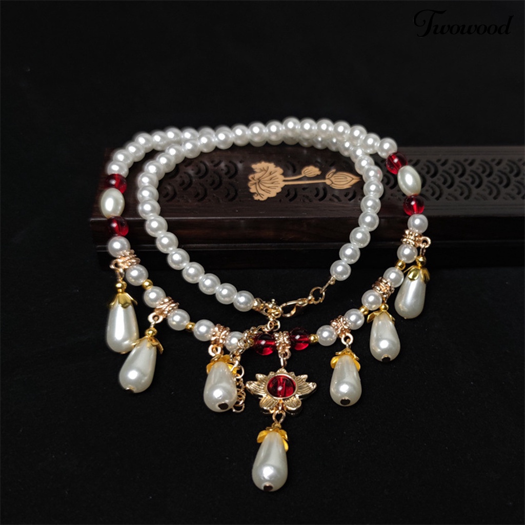 Twowood Hias Berlian Imitasi Teardrop Liontin Adjustable Vintage Kalung Wanita Mutiara Imitasi Cheongsam Necklace Perhiasan Aksesoris