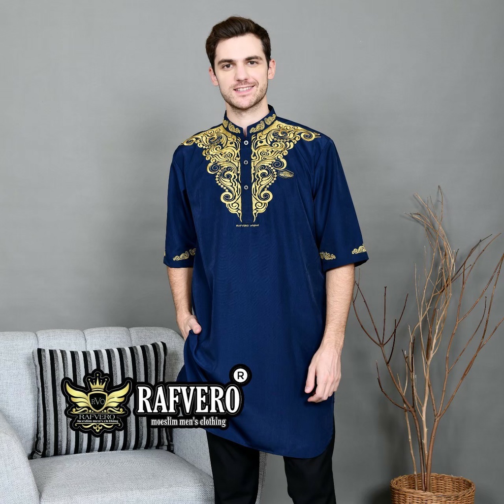 Baju Muslim Koko Pria Qurta Pakistan Bordir Premium Lengan Pendek Brand Rafvero M L XL Bisa COD