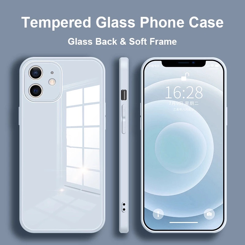 New Advanced Light-Sensitive Smooth Straight Edge Solid Color Tempered Glass Case For iphone 14 13 12 11 ProMax X XS Max XR 7 8 Plus Silicone Soft Edge