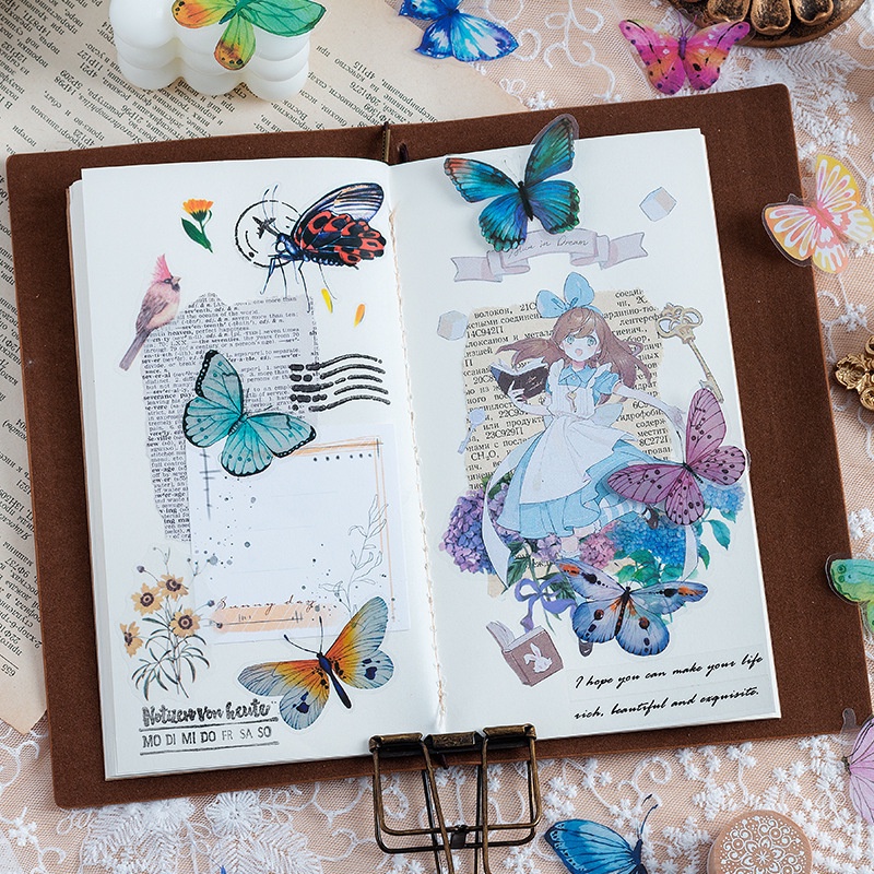 40pcs / pack Butterfly Ledger Sticker PET Waterproof Laptop DIY Decorative Vintage Scrapbook Sticker