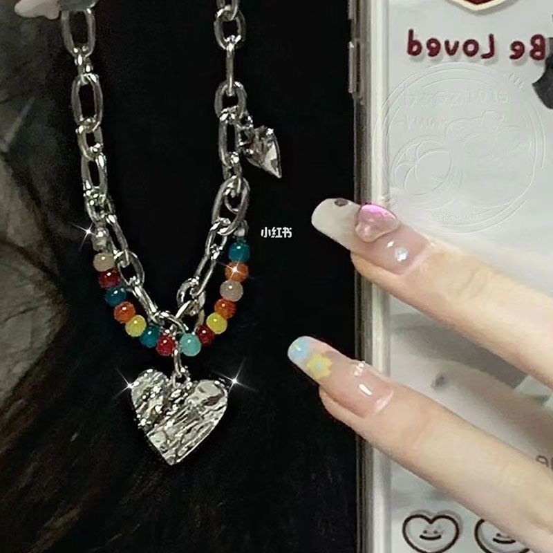 Kalung Rantai Perak Choker Untuk Wanita Y2K Pink Manis Zirkon Hati Liontin Kalung Aksesoris Perhiasan