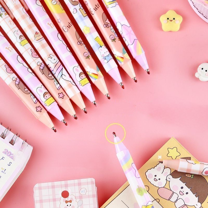 Kawaii Kartun Pink Gadis Lucu Press Pen 0.5 mm Tinta Hitam Bolpoin Siswa Menulis Alat Tulis Kantor Perlengkapan Sekolah