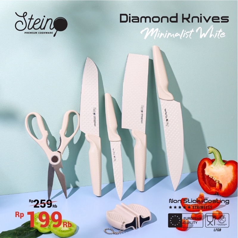 Stein Steincookware Pisau Diamond Knife Set 5 + Knife Sharpener Pisau Dapur  Stein Diamond Knife