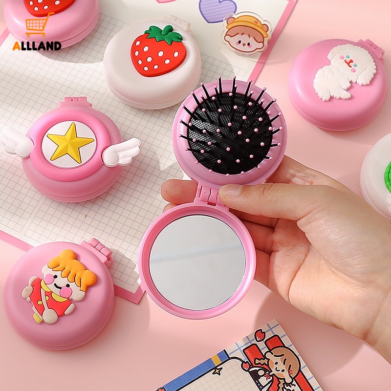 Sisir Pijat Bulat Lipat Portable/Cermin Kosmetik Pink Motif Kartun/Mini Air Cushion Comb Alat Kecantikan