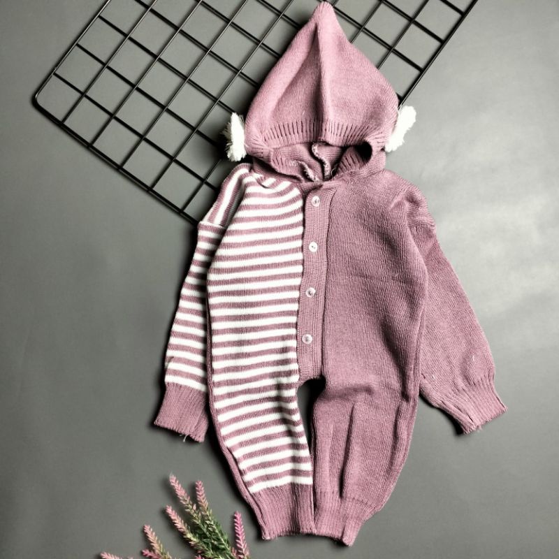 jumper rajut hoodie bayi 0-6 bulan motif salur kombinasi pompom