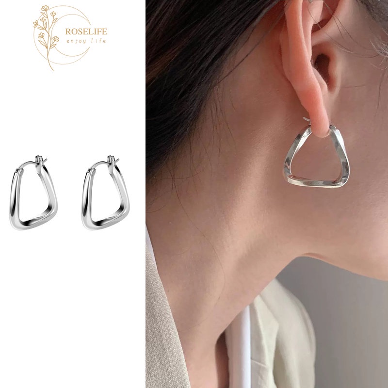 Roselife Korea Perak Chunky Geometri Berongga Square Hoop Earrings Untuk Wanita Gadis Fashion Geometric Statement Earrings Perhiasan Hadiah