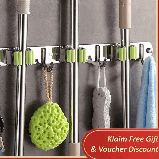 ➱ ES Rak Gantungan Alat Pel Sapu Rak Dinding Tempel Rak Serbaguna Rak Kamar Mandi Rak Stainless Stee