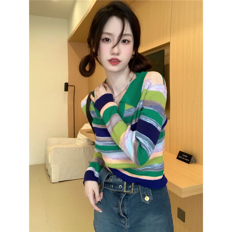 YIU YIU Rajut - Korean Crop Top Lengan Panjang Causal Style Stripe Top V-neck Baju Inner Rajut