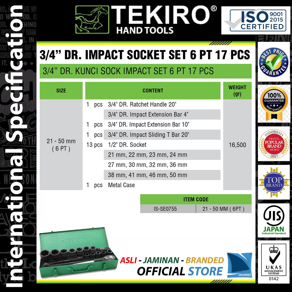 Soket PUKUL Isi 17 pcs Gagang Sok 3/4&quot; inch DR + Mata Sock 21 ~ 50 mm / IMPACT Socket Set TEKIRO