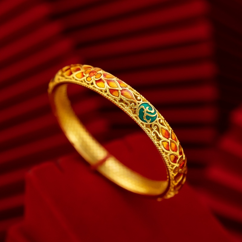 Goldkingdom Perhiasan Fashion Emas Asli Kadar 375Bangkok Aksesoris Ready Stock Gilt Wanita Vintage Pasang Enamel Membakar Bunga Biru Berlubang Gelang