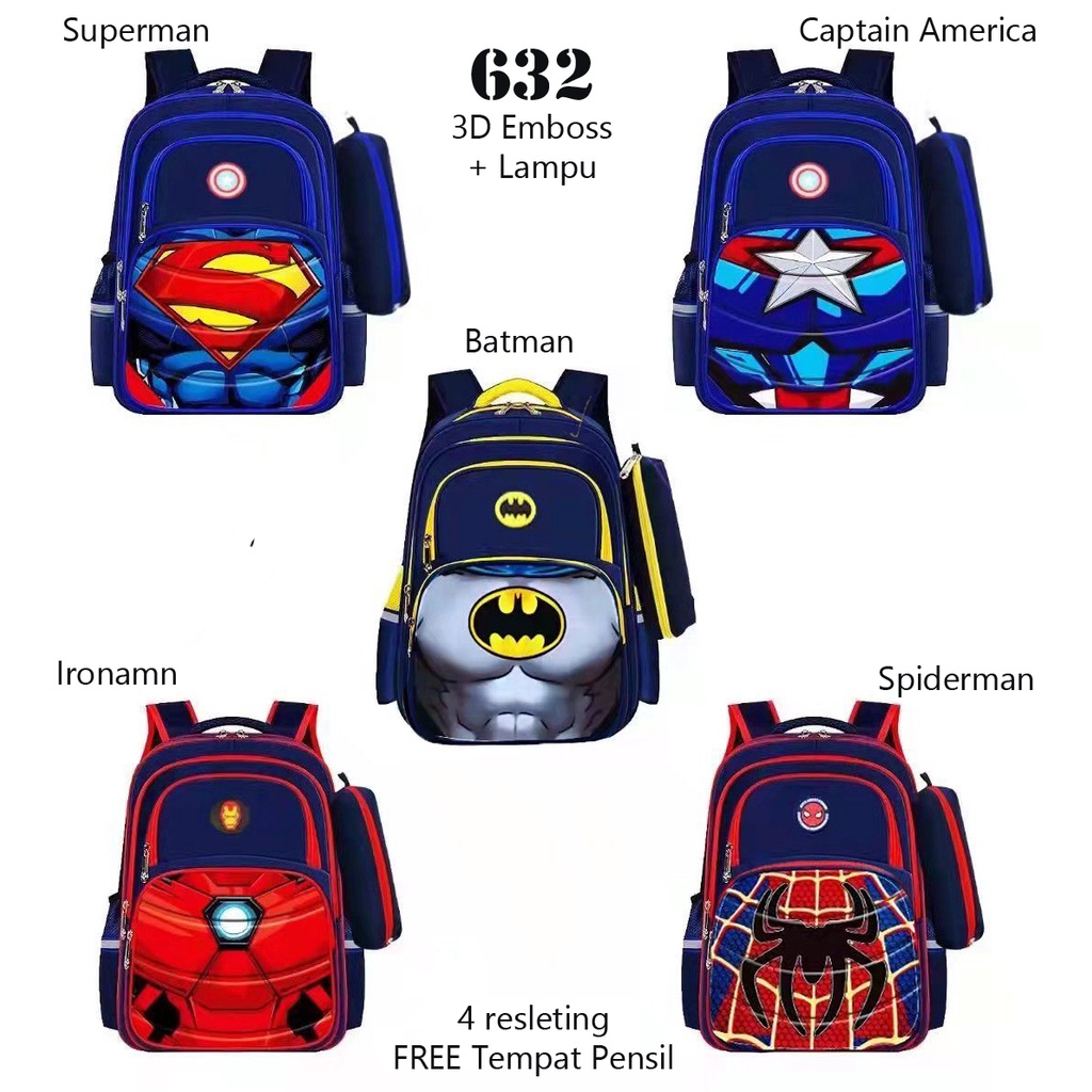 Tas Sekolah SD-SMP Ransel Anak Laki-Laki  Tas Anak Import Karakter Superhero 3D Emboss Backpack School Import for Boys