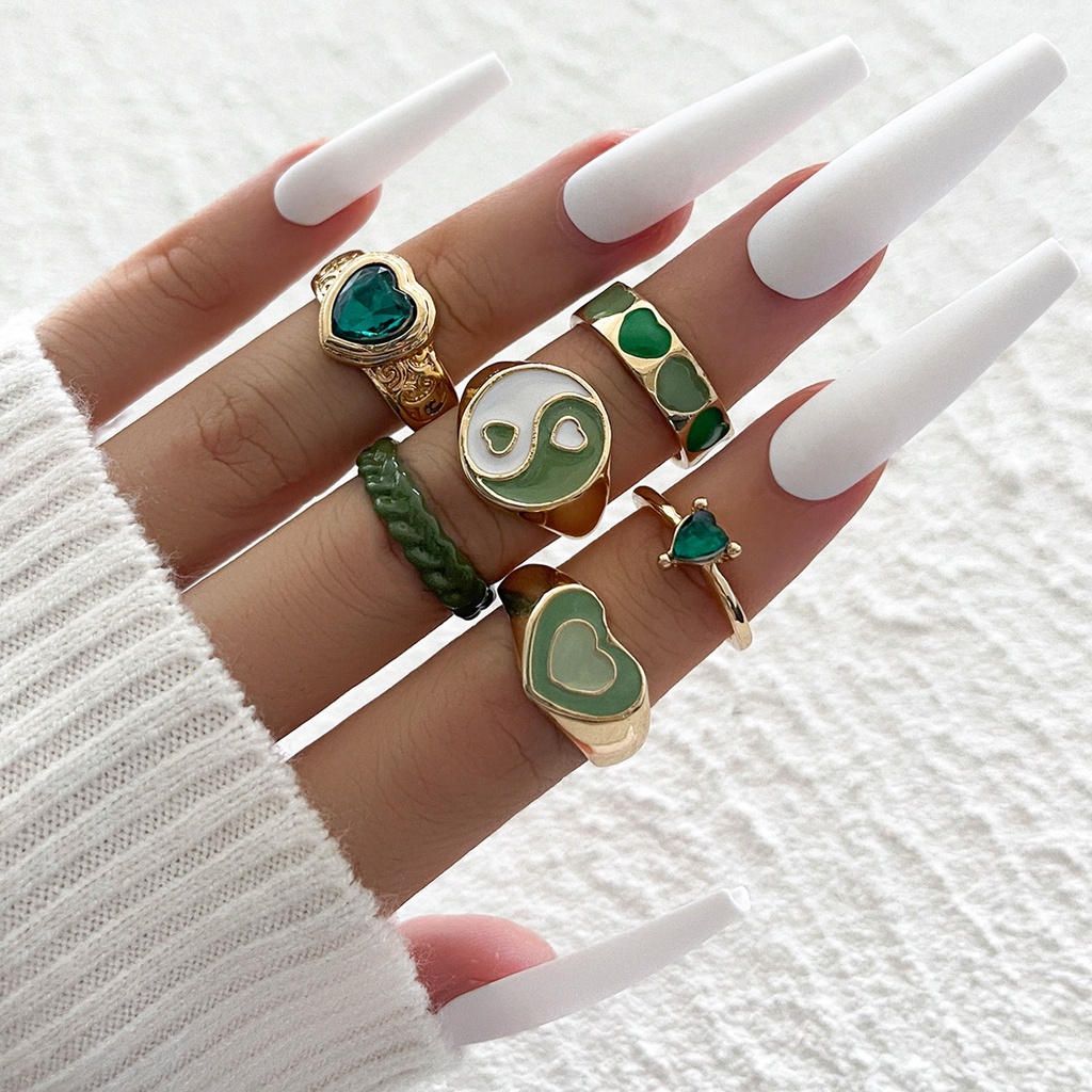 Pribadi Fashion Bertatahkan Berlian Peach Jantung Cincin Grosir Kreatif Manis Tai Chi Cinta Tetesan Minyak Cincin Set