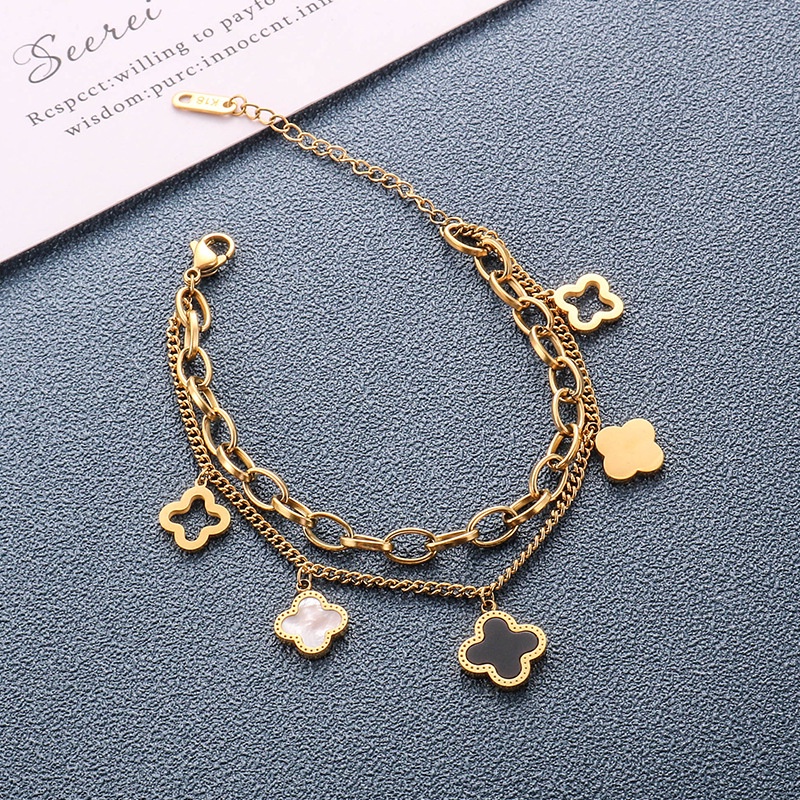 Gelang Rantai Lapis Ganda Bahan Titanium Steel 18k Warna Rose Gold Gaya Korea Hip-Hop Untuk Wanita