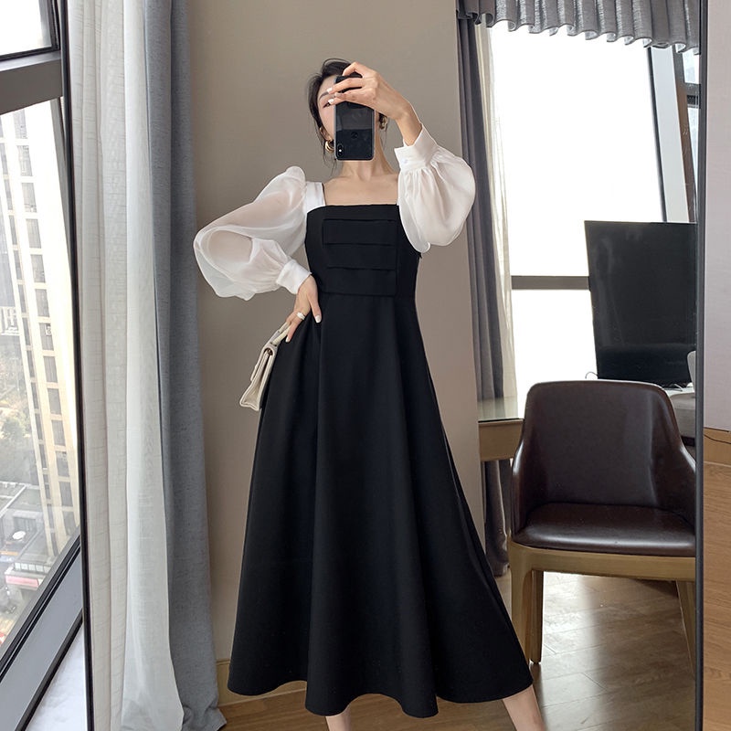 Korea style a-line hitam dress minimalis fashion dress Lengan Panjang Dress