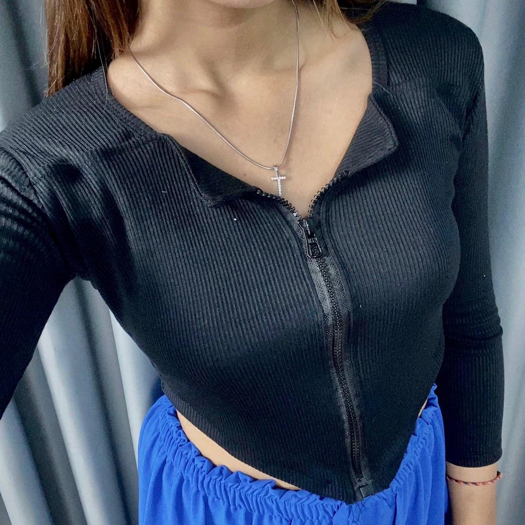 Croptop resleting lengan panjang | atasan cropto rib