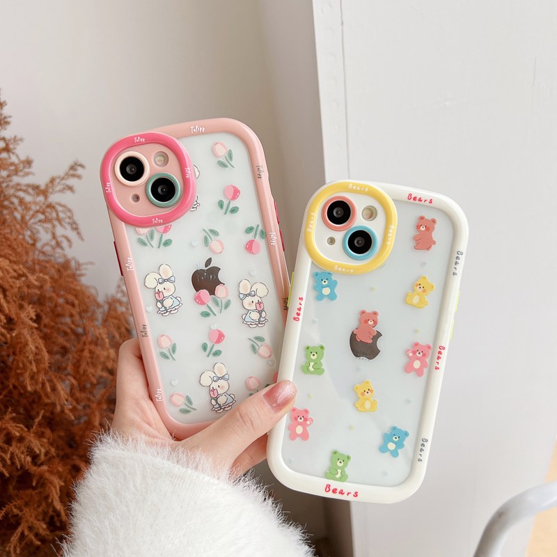 Cute Bears Puff Case iPhone 11 12 13 14 Pro Max 14 Plus Women's Cute Pink Friends Gifts Soft Casing Cover Camera Lens protect