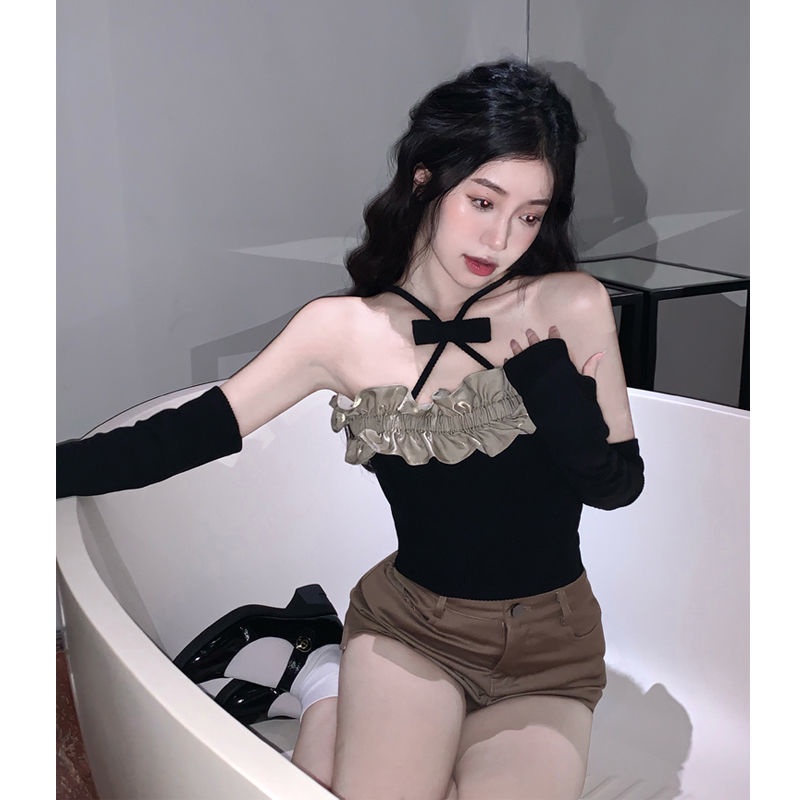 Red Keinginan murni hot gadis kayu telinga menggantung leher sling kecil rompi perempuan musim panas lengan panjang seksi pakaian luar inner bottoming top