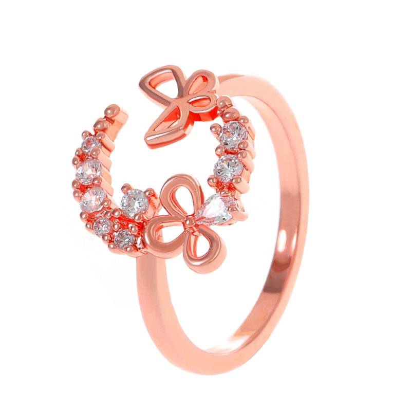 Cincin Kupu-Kupu Bulan Berlian Korea Ins Fashion Rose Gold Berongga Butterfly Adjustable Ring