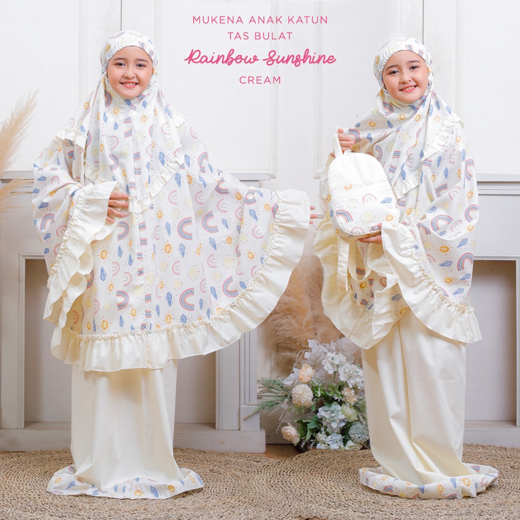 PUSAT MUKENA TASIK - MUKENA ANAK KATUN TAS BULAT MOTIF RAINBOW SUNSHINE