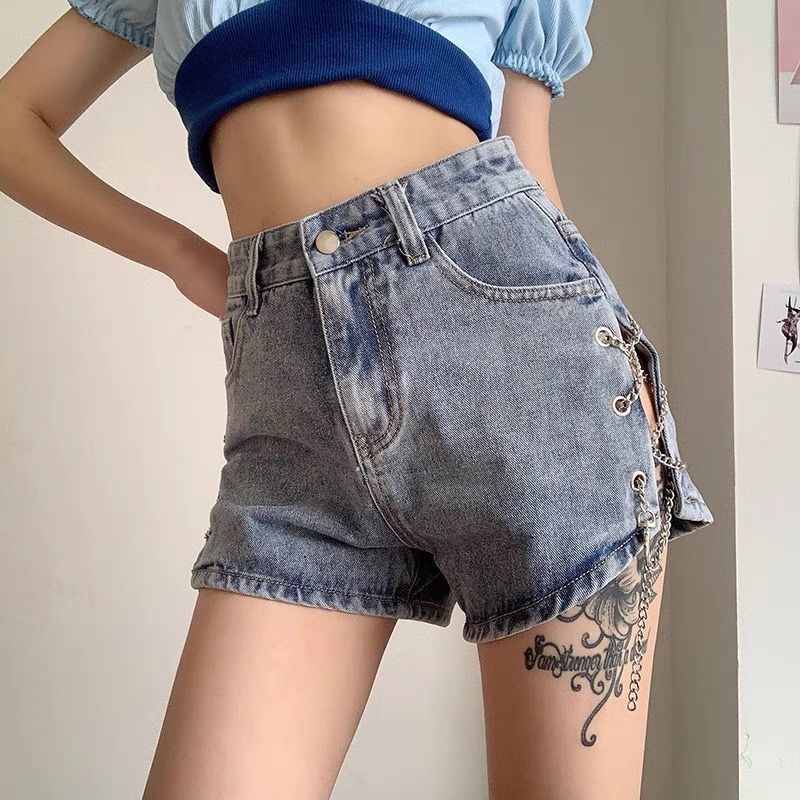 Red Ukuran Besar Rantai Celana Pendek Denim Wanita 2021 Baru Adik Gemuk Mm Celah Tinggi Pinggang Hot Pants Eropa dan Amerika gadis Panas Tren