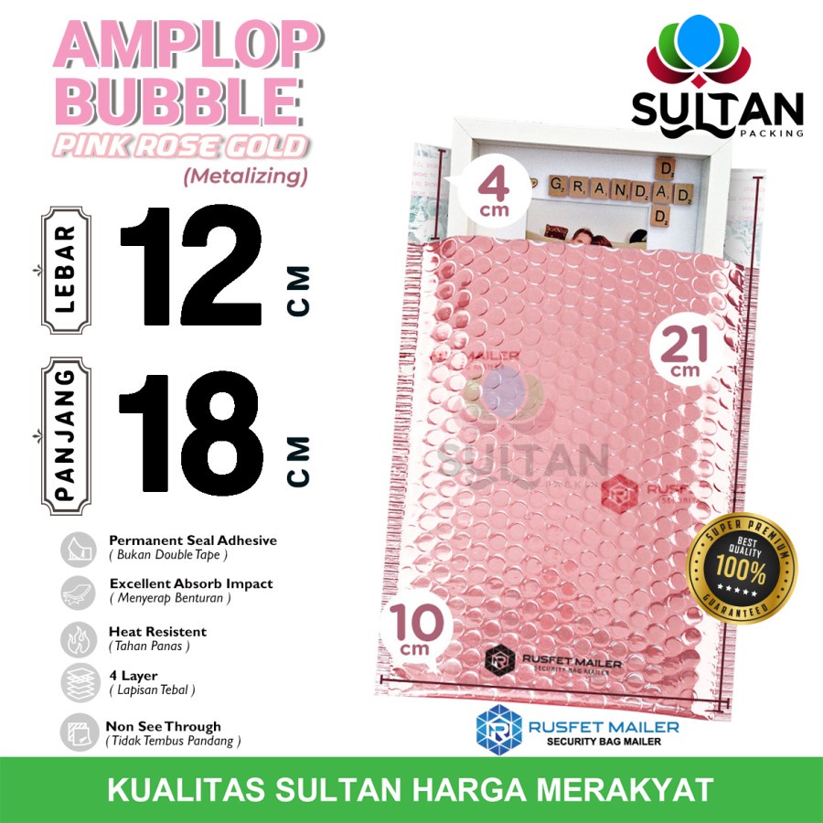 AMPLOP BUBBLE MAILER 12x18cm PINK ROSEGOLD BUBBLE WRAP ENVELOPE RUSFET