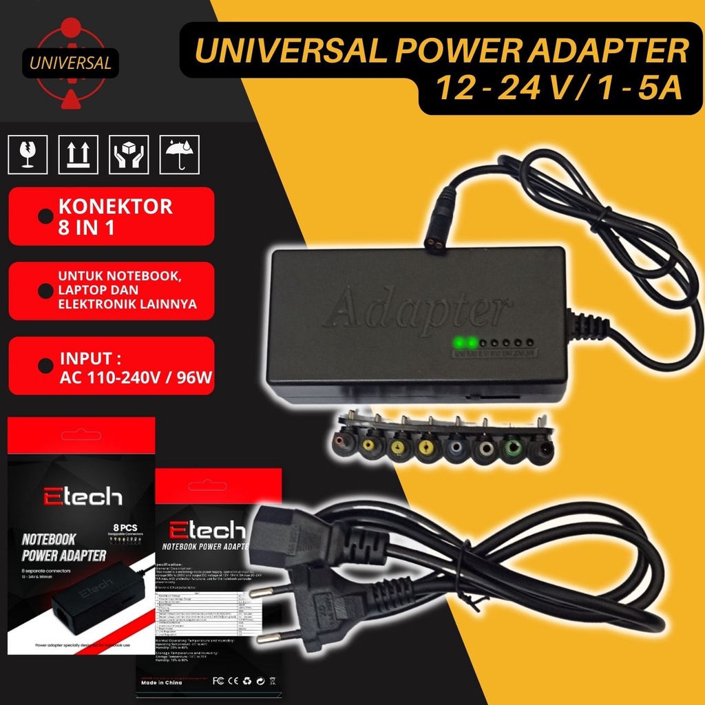 Charger Adapter Laptop Ac Adapter Universal Plug 96W Output 12V/15V/16V/18V/19V 4.5A 20V/24V 4A  Max