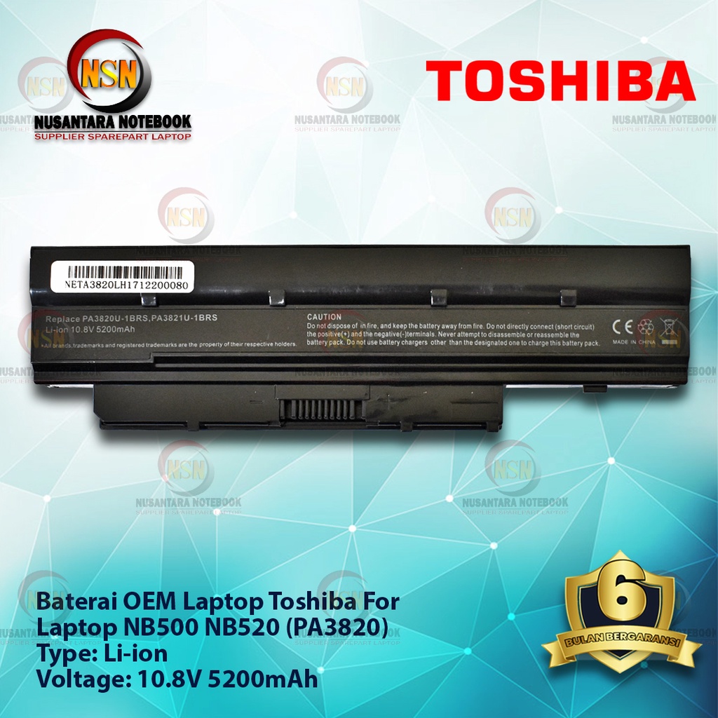 Baterai Toshiba PA3820 OEM for Laptop NB500 NB520 Hitam Black 10.8V 5200mAh