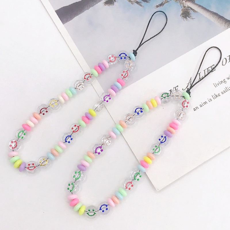 Rantai Manik-Manik Gepeng Warna Pelangi Wajah Senyum Transparan Untuk iPhone Android OPPO VIVO Huawei Xiaomi Redmi Samsung Semua Ponsel Earphone Case Tali Anti Hilang