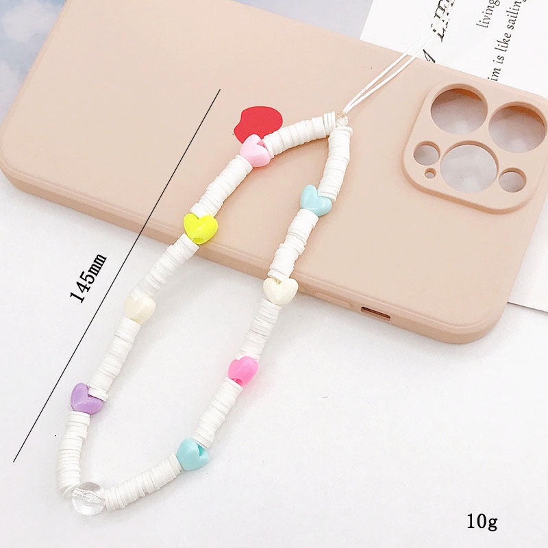 Rantai Manik-Manik Cinta Hati Clay Warna Permen Anti Hilang Tali Telepon Untuk iPhone Android OPPO VIVO Huawei Xiaomi Redmi Samsung Semua Ponsel Earphone Cover