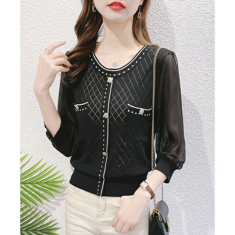 Blouse wanita hitam motif cantik berkantong depan rajut sifon korea lengan panjang elegant