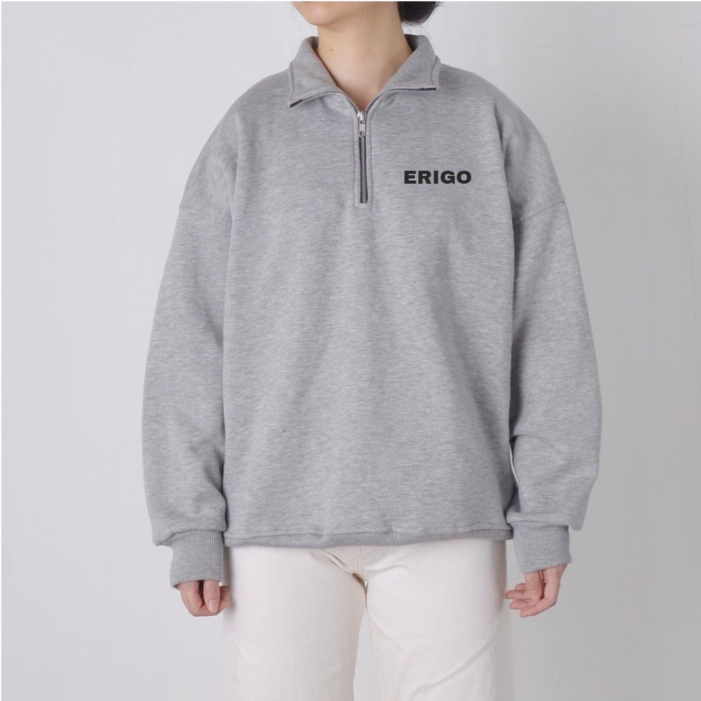 Sweatshirt Zipper Pria Erigo Teks Casual Premium / Sweater Half Zip Warna Abu / Sweater Crewneck Distro Basic Unisex