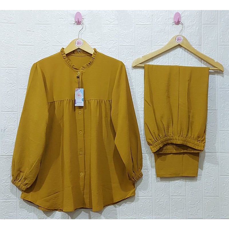 ONE SET RAYON CRINKLE AIRFLOW SETELAN // SETELAN RAYON CRINKLE AIRFLOW// DRESS RAYON // SETELAN RAYON  //BUSUI FRIENDLY//PIYAMA//PREMIUM//HOMEY//BUSUI-Mustard/Kuning