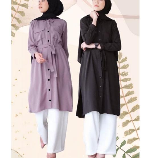Viral Baju Long Dress Kemeja Tunik Wanita Muslim Jumbo Remaja Terbaru 2 Kekinian Polos Saku Depan Ak